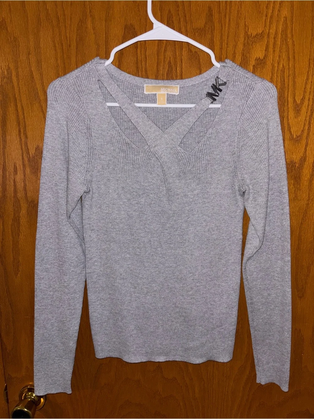 Michael Kors Light Gray Ribbed Crisscross Neck Sweater